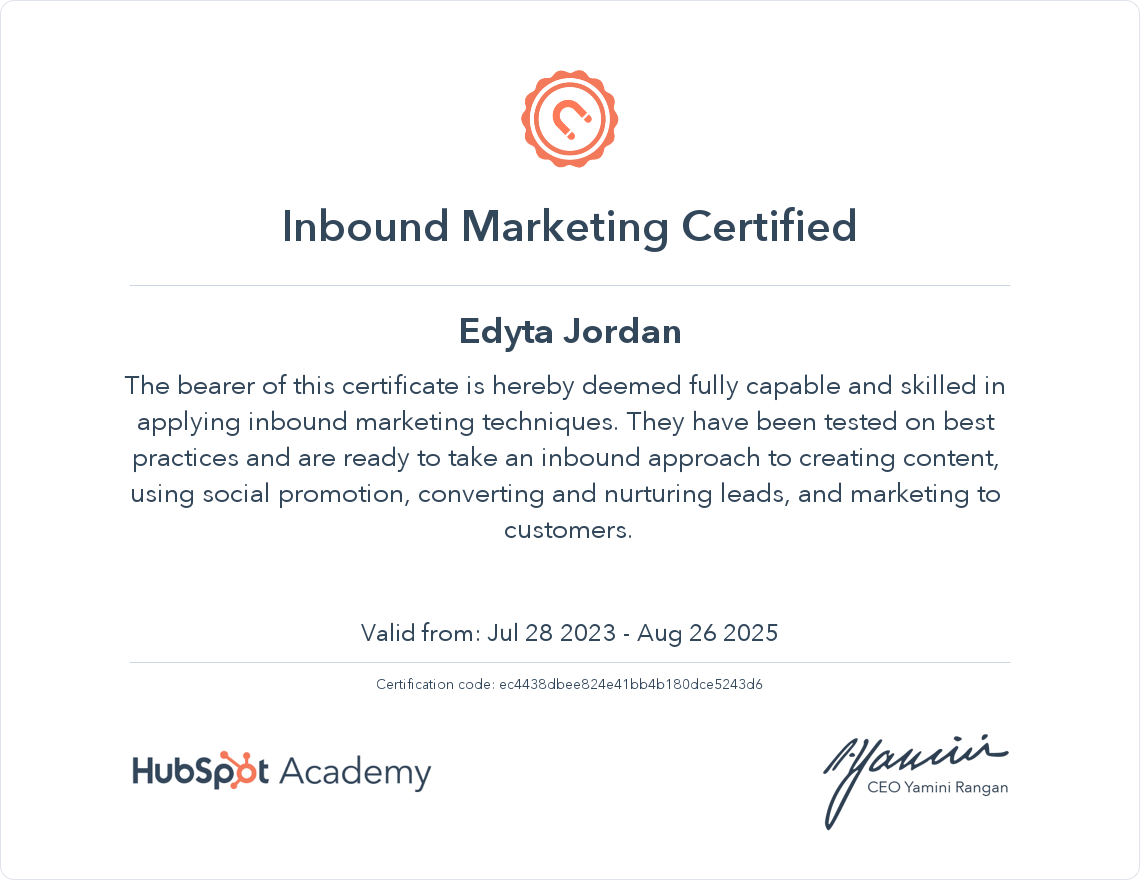 Edyta Jordan HubSpot Inbound Marketing Certification
