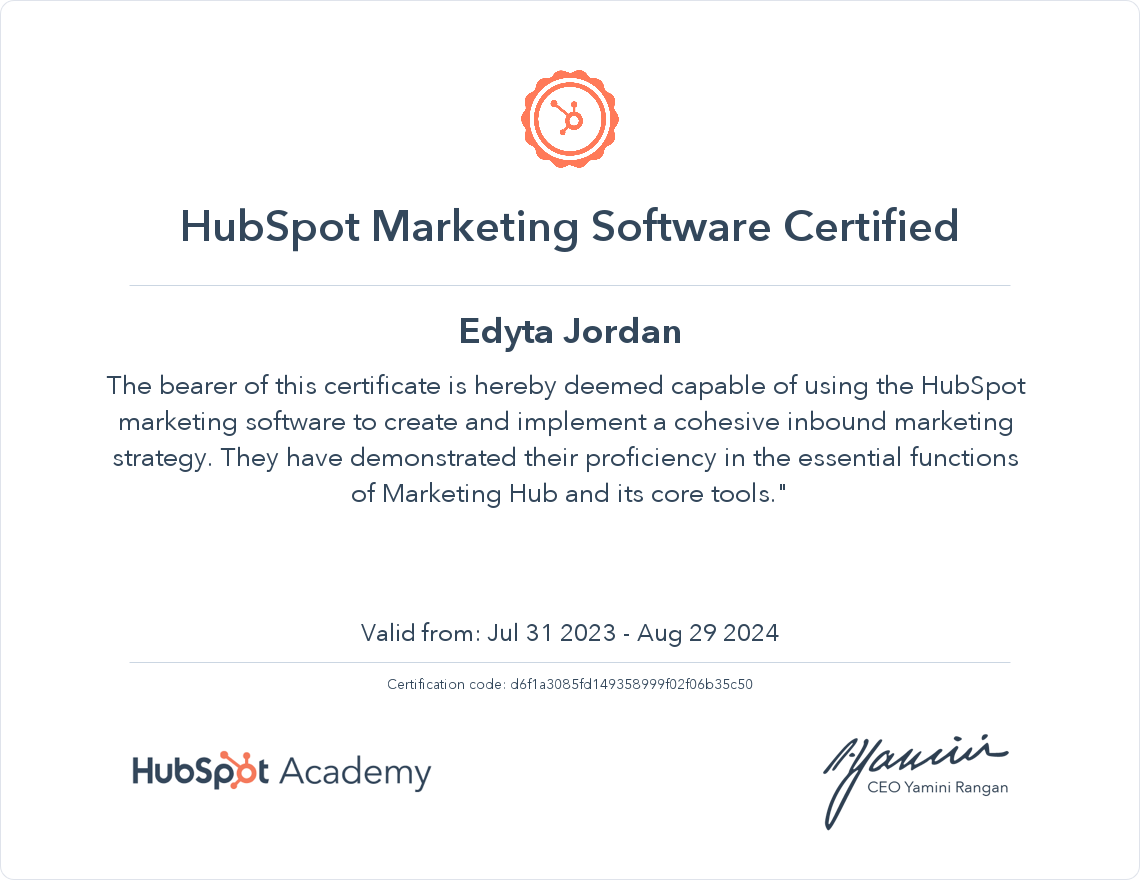 Edyta Jordan HubSpot Marketing Software Certification