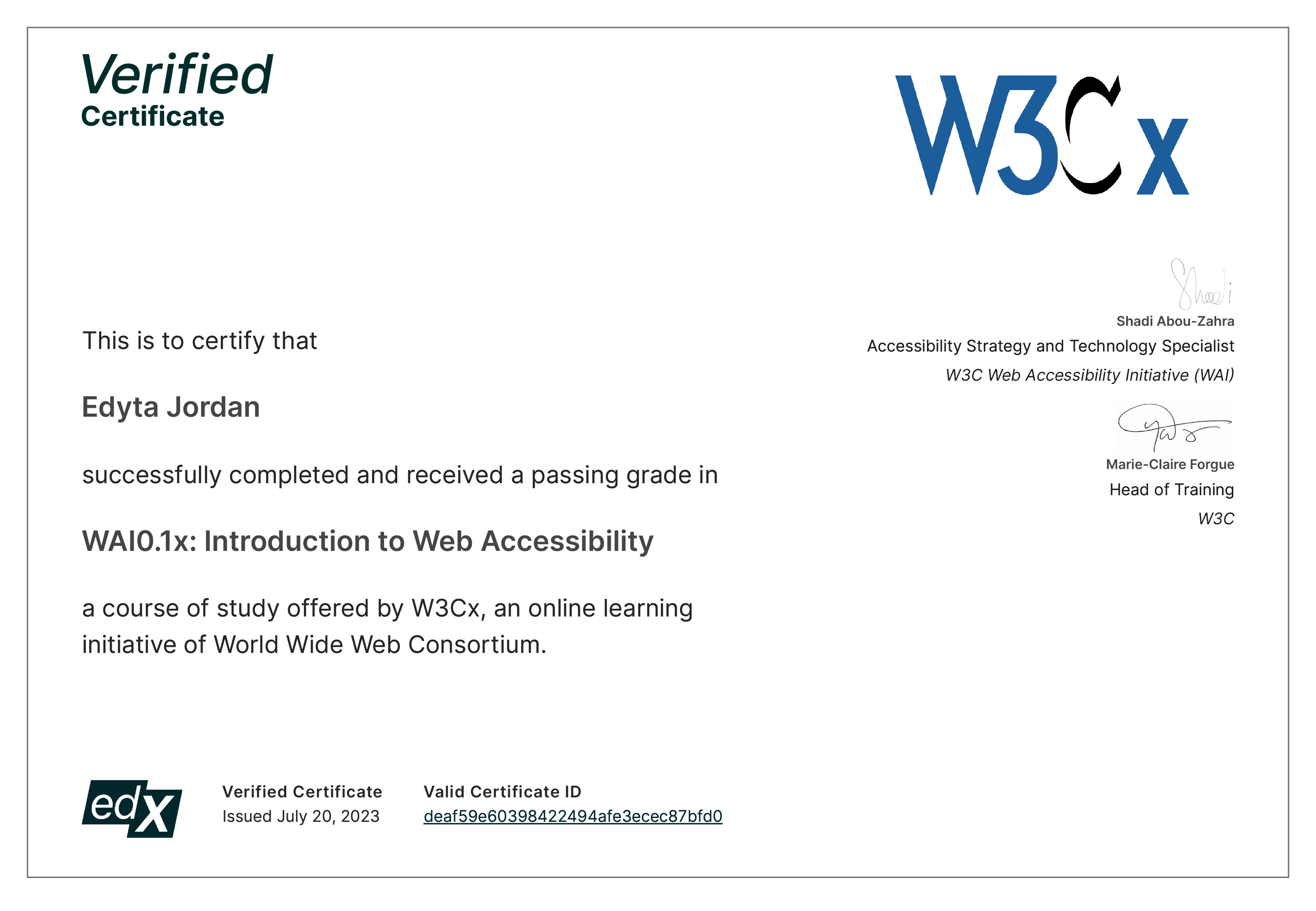Edyta Jordan Accessibility W3Cx WAI0.1x Certificate